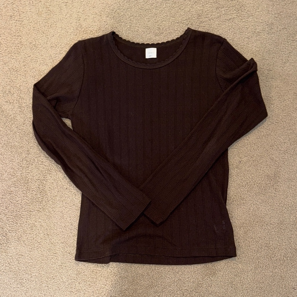 Leset Pointelle Slim Fit Long Sleeve Top in Dark Brown small